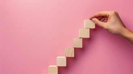 Wooden identical cubes on a pink background, and a human hand interacting with the cubes. Concept of success, focused effort and achievement.