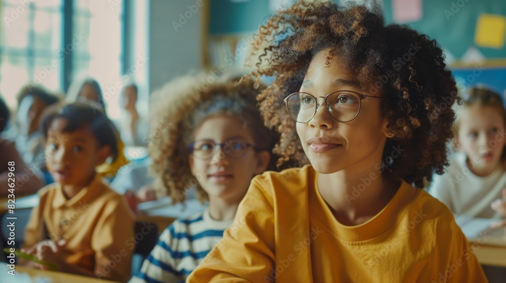 Poster Teacher explains lesson to bright multiethnic children in elementary school. A good teacher is showing a lot of interest in her students.