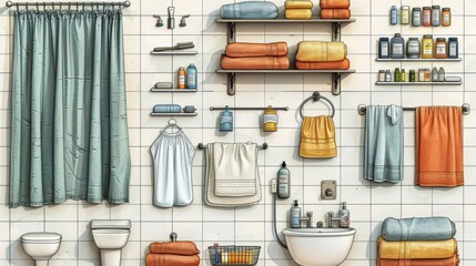 A modern illustration of folded and hung bathroom items