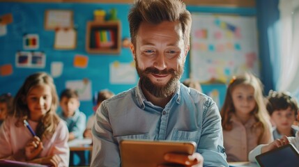 Teacher using digital tablet computer to explain lesson to smart students. Students get modern education in school.