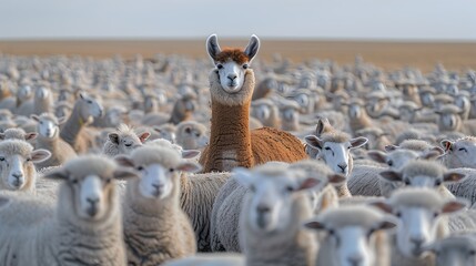 A llama with brown fur stands out distinctly in the middle of a large flock of white sheep in a wide, open field. - Generative AI