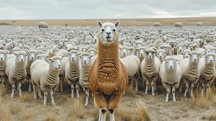 A brown llama stands prominently in the center of a large flock of white sheep, creating a striking contrast in a grassy field. - Generative AI