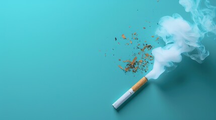A lit cigarette with white and brown tobacco scattered around it on a blue background.

