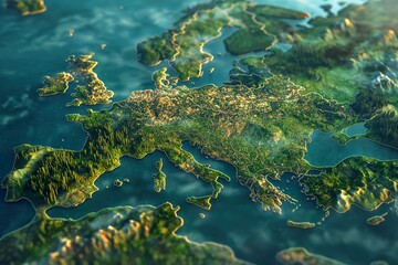 Computer-generated map of Europe with vibrant colors and intricate details.