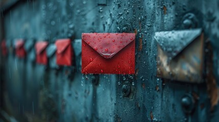 Red and gray mail envelopes on a wet blue metal surface under rain depicting communication and weather
