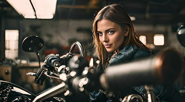 Zweiradmechatronikerin repariert ein Motorrad in der Werkstatt