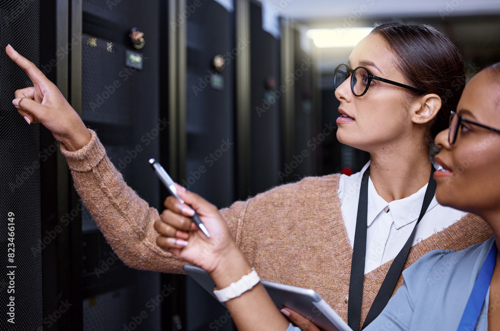 Poster Programming, server and people with maintenance of technology and technician with teamwork in IT. Datacenter, repair and programmer problem solving to fix glitch or error in system with solution