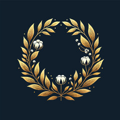 An ornate golden laurel wreath shines brilliantly against a sleek black backdrop