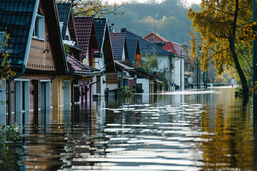 Homes and residential buildings submerged underwater in catastrophic flooding disaster