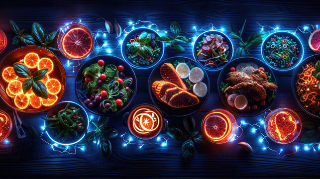 Many dishes and food on a neon background, poisoned or magical food, soups and dishes of the world in the tropics. Cooking. generative ai