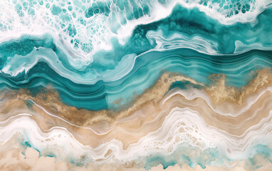 Obraz premium A soft, dreamy abstract painting of an ocean wave with layers of turquoise and white, and hints of sand colors, with fluid lines that flow into the sea.