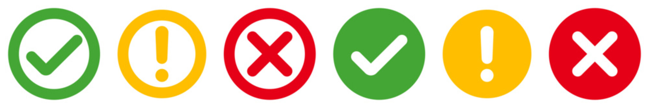 Green chek mark, red cross mark, exclamation point icon set. Isolated tick symbol, cheklist sign, approval signs collection. Vector illustration.