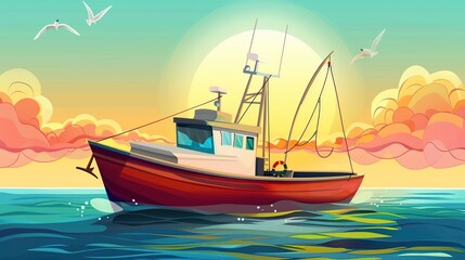 Naklejka premium Fishing boats are overwhelmingly in the midst of the sea. Generative Ai