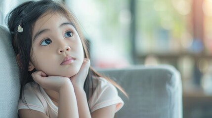 A little girl with her hand on her chin sits thoughtfully on a couch
