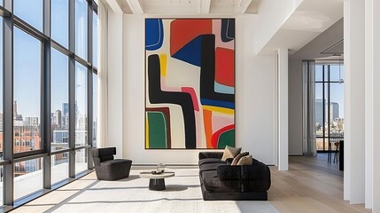 Vibrant artwork hangs in the living room featuring a black sofa and white walls, creating a striking contrast and focal point in the minimalist decor.