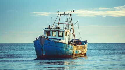 Naklejka premium Fishing boats are overwhelmingly in the midst of the sea. Generative Ai