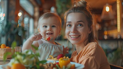 A woman and a baby are sitting at a table with a plate of food in front of them. The woman is smiling and the baby is holding a fork