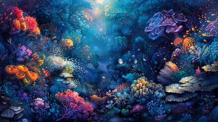 Delve into a whimsical underwater mystery blending mythical creatures with underwater worlds in a panoramic view Emphasize the harmony of colors using color theory