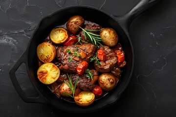 Skillet Filled With Meat, Potatoes, and Carrots