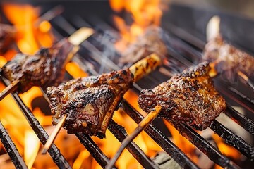 Skewers of Meat on Grill With Flames