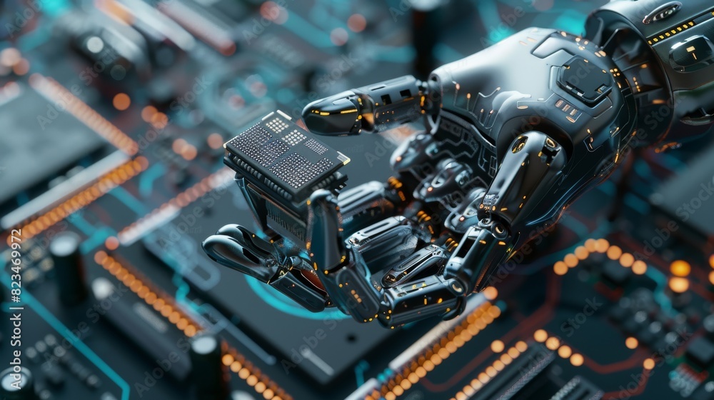 Poster detailed edit concept: a modern authentic robotic arm holds a contemporary super computer processor 