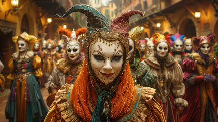 Obraz premium Costumed revelers attend extravagant parties, masquerading as their favorite characters from folklore, literature, and pop culture. generative ai