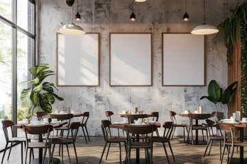 Modern Cafe Interior with Blank Art Canvas on Wall