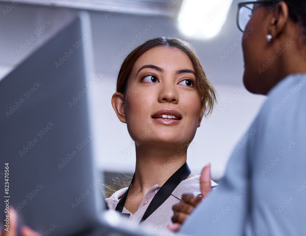Aufkleber women, laptop and communication in server room for it, cybersecurity and collaboration in workplace.