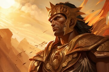 Illustration of a heroic warrior gazing into the distance amid a fiery sunset backdrop