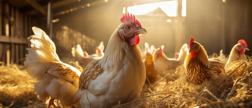 Chickens pecking grain in a sunlit barnyard with golden straw