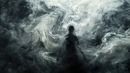 Concept of Depression and Isolation: Figure in a Swirling Mist