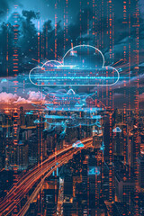 Abstract representation of a city's infrastructure with buildings morphing into cloud icons and data streams, illustrating the integration of cloud technology in urban development.