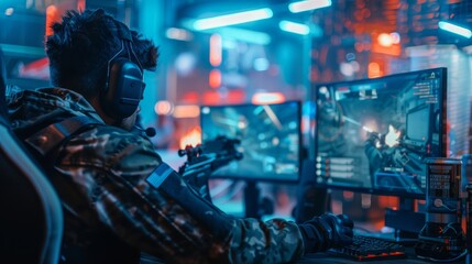 The concept of a video game mockup includes a 3D render of a multiplayer shooter for pro gamers. For example, it could show the POV person playing, shooting enemies, and scoring kills. They could