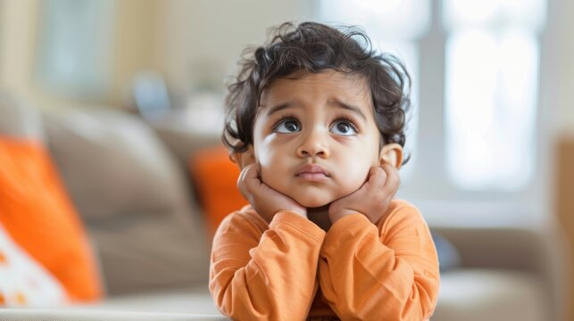 Young girl sitting on sofa with hands covering her face