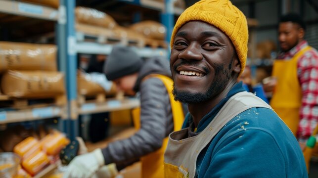 An adult African volunteer serving free meals at a local food bank. A group of charity workers doing their part to give back to the community.
