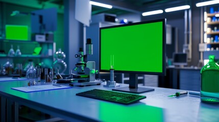 Industrial Research Laboratory with Green Screen Mock Up Display. Scientific Lab, Engineering Research Centre Full of High-Tech Equipment for Robot Development.