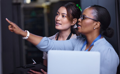 Server, maintenance and people programming technology or IT technician with teamwork. Datacenter, repair or problem solving to fix error or check system hardware in inspection with laptop or solution