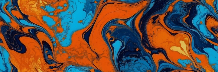 The image showcases an abstract, fluid art style with swirling patterns of blue and orange