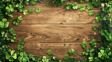 A shamrock leaf frame on a wood background for St. Patrick's Day celebration illustration