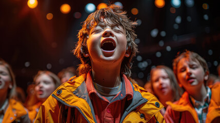 A little boy performs at school in a concert and on stage sings in a choir, children and talents,...