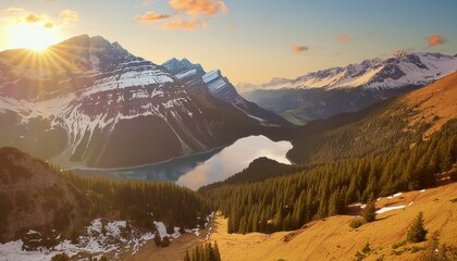 A picturesque mountain landscape with a view of snow-capped peaks, a dense forest and a lake - Powered by Adobe