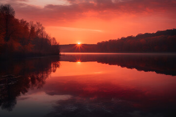 Obraz premium A serene sunrise over a calm lake with vibrant hues, brought to life by Generative AI, capturing natural beauty.