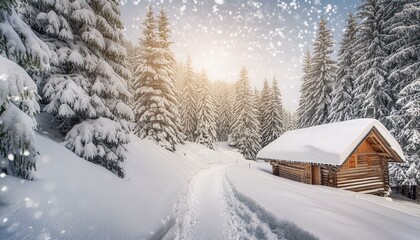 Winter landscape with a snowy forest, snow-covered trees, a path leading to a wooden cabin