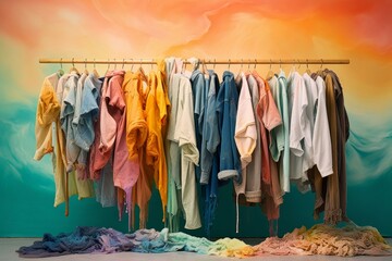 Assorted casual garments hang on a rack against a vibrant gradient backdrop