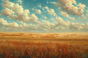 A painting of a field with a cloudy sky. The sky is mostly blue with some white clouds scattered throughout. The painting has a peaceful and serene mood, with the vast open field