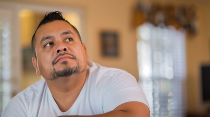 Fototapeta premium A Latin Mexican male in a white shirt looking upwards in contemplation