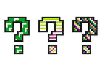 Set of pixel question marks on white background. Design for stickers, web, mobile app. Vector pixel art in 8-bit old style