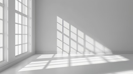 White minimalist realistic empty room with sunlight through window and shadow cast background illustration