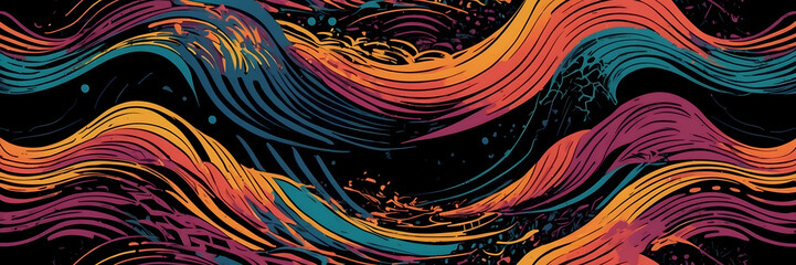 Abstract colorful waves swirl across a dark backdrop, creating a sense of dynamic movement