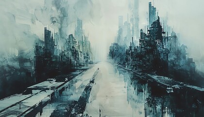 Imagine a futuristic dystopian world from a rear view perspective